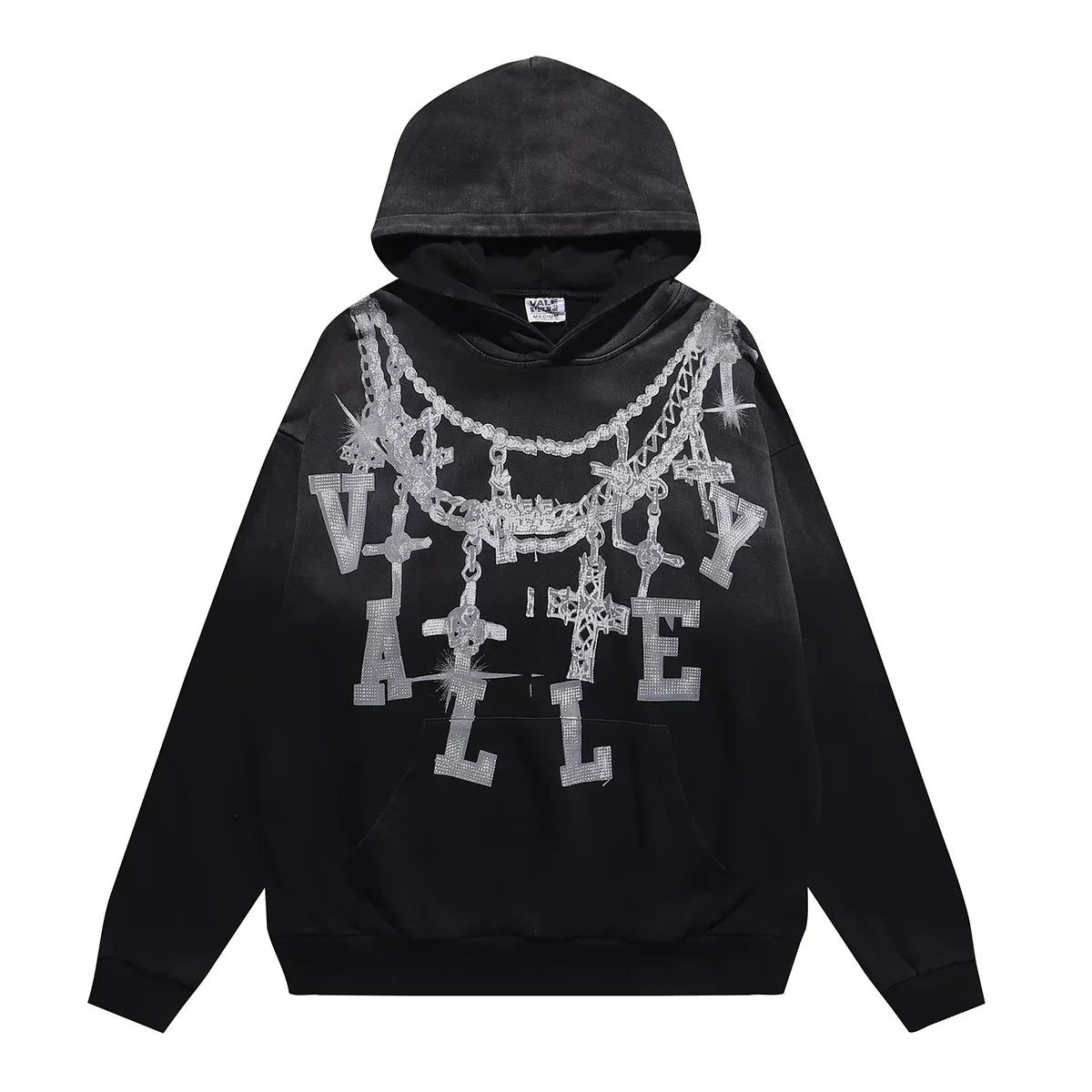 VALEFOREVER Black Chain Letter Distressed Zip Up Hoodie