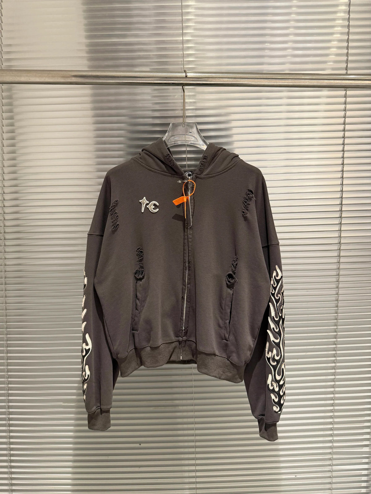 Thug Club Charcoal Distressed Flame Sleeve Zip-Up Hoodie